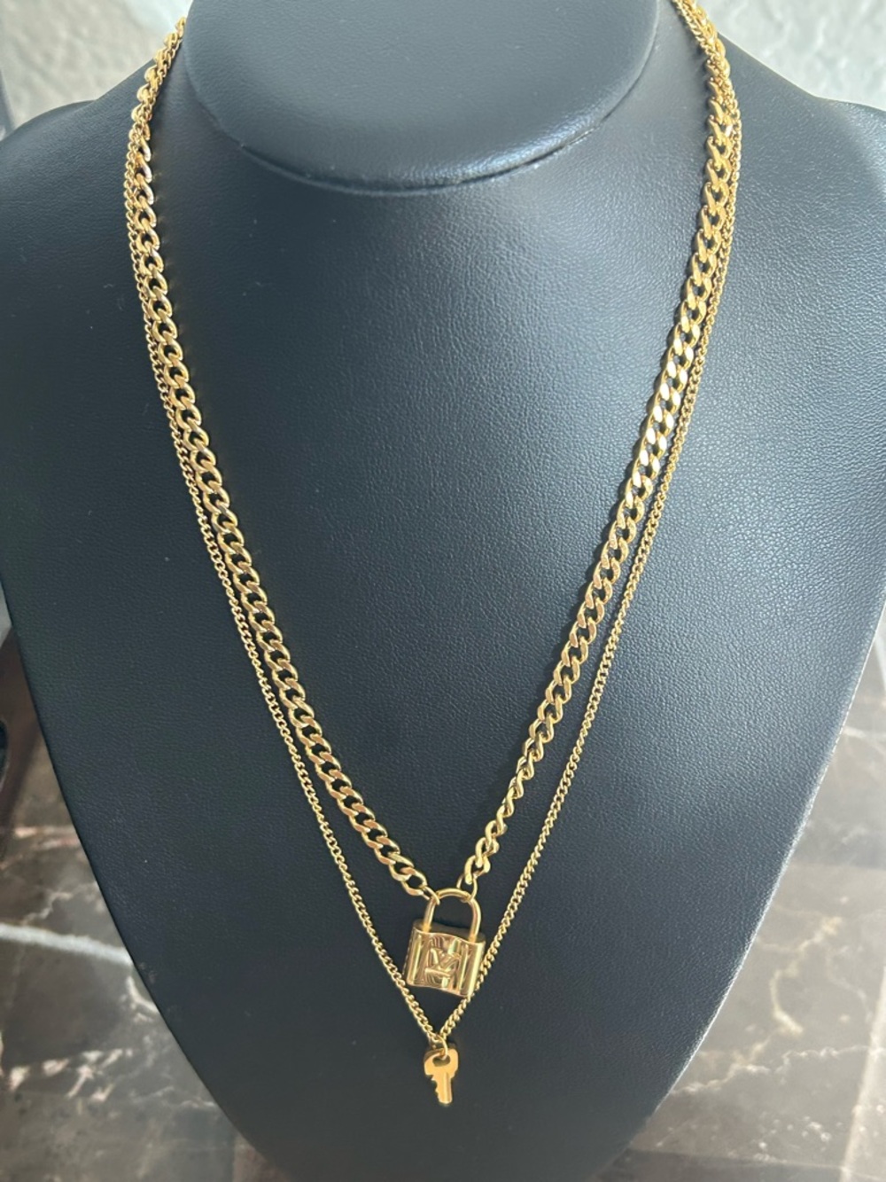 Louis Vuitton Gold-Tone Double Layer Padlock & Key Necklace and earrings